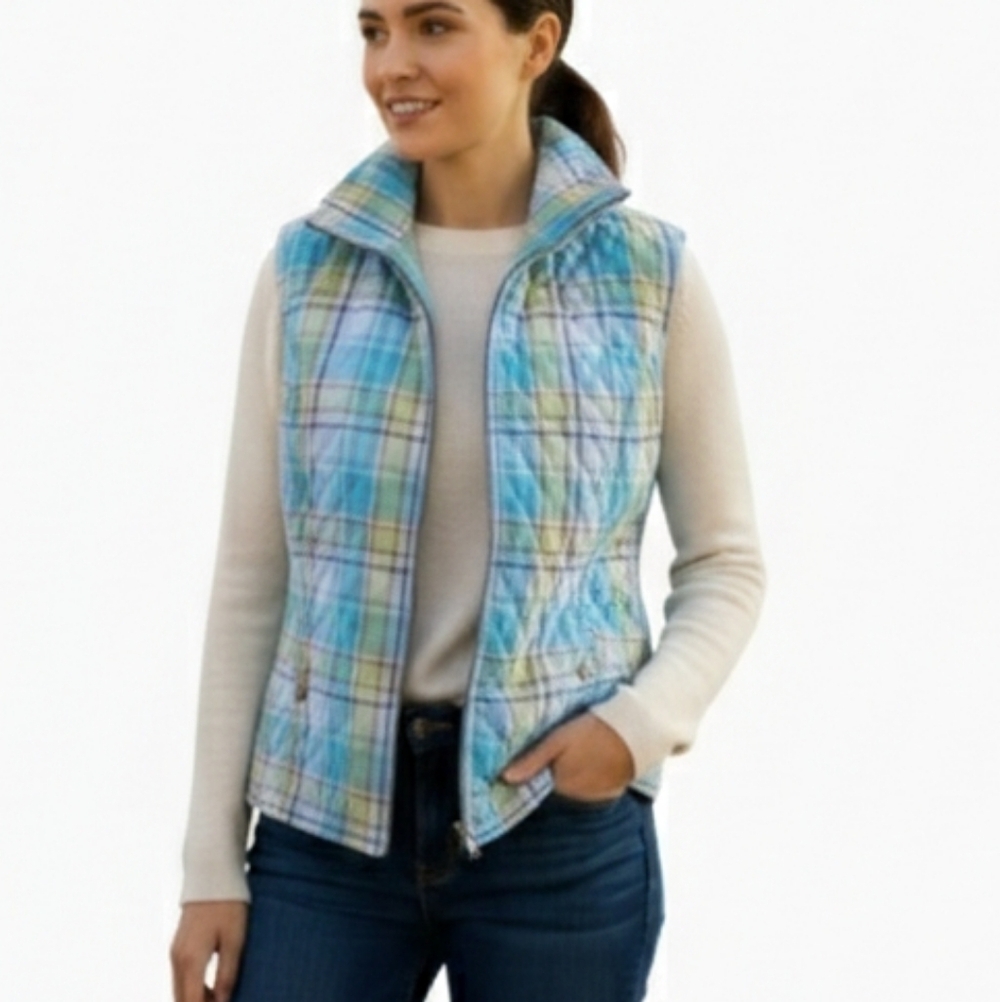 Southern Lady Quilted Plaid Vest Size M Blue Yellow Green Zip Front Pockets